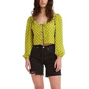 NWT Levis Floral‎ Green Embry Blouse Womens XS Square Neck Long Sleeve Tie Front